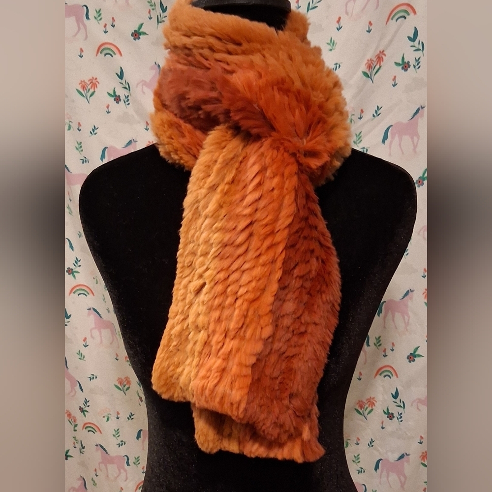 EUC Rex Rabbit Fur Orange Yellow & Red Rainbow Boho Casual Long Retro Scarf Wrap
